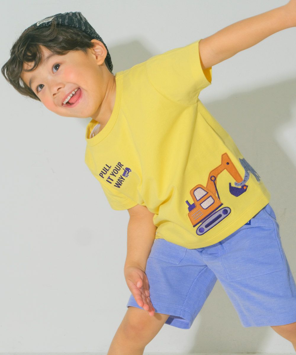 綿100％ ショベルカー＆動物ワッペン ロゴ刺繍 Tシャツ Yellow model image 1