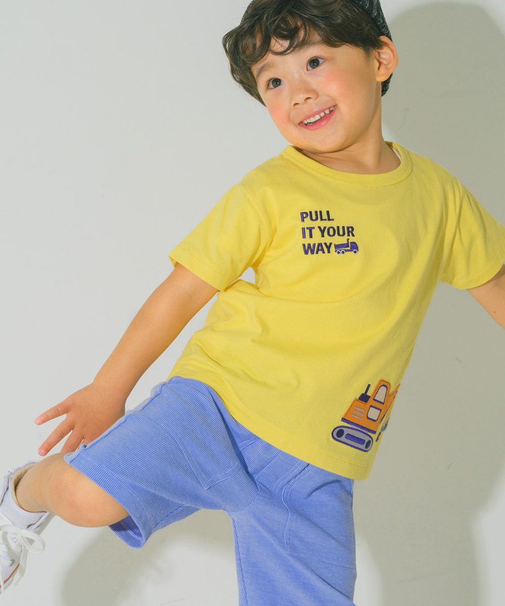 綿100％ ショベルカー＆動物ワッペン ロゴ刺繍 Tシャツ Yellow model image 2