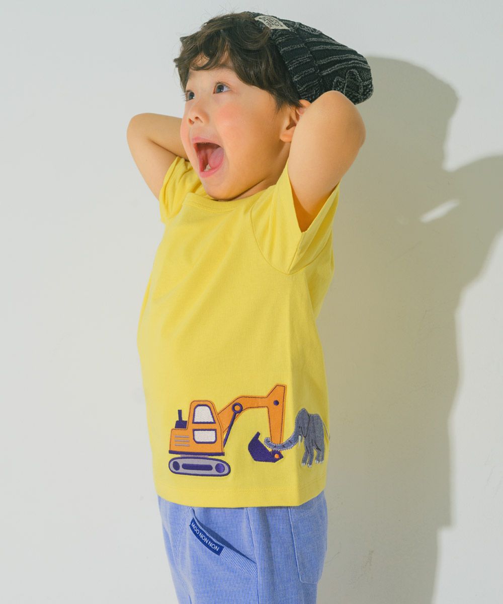 綿100％ ショベルカー＆動物ワッペン ロゴ刺繍 Tシャツ Yellow model image 3
