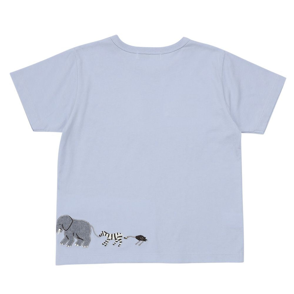 綿100％ ショベルカー＆動物ワッペン ロゴ刺繍 Tシャツ Blue back