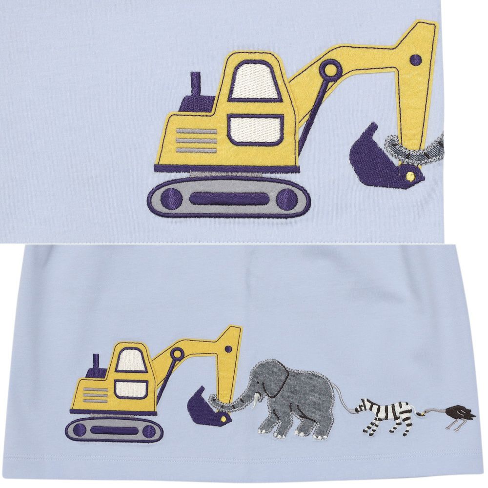 綿100％ ショベルカー＆動物ワッペン ロゴ刺繍 Tシャツ Blue Design point 1