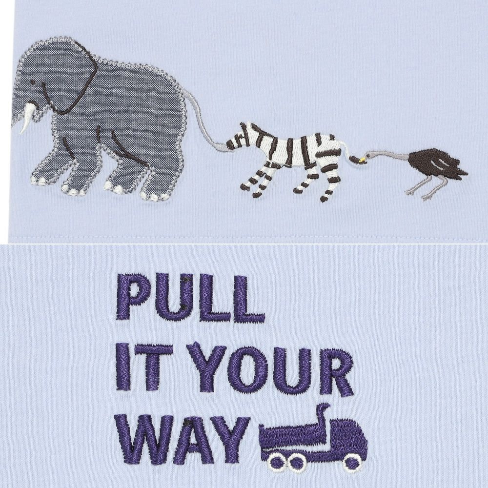綿100％ ショベルカー＆動物ワッペン ロゴ刺繍 Tシャツ Blue Design point 2