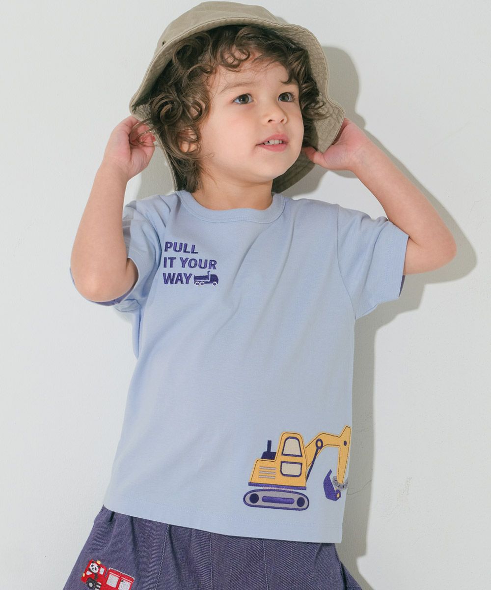 綿100％ ショベルカー＆動物ワッペン ロゴ刺繍 Tシャツ Blue model image up