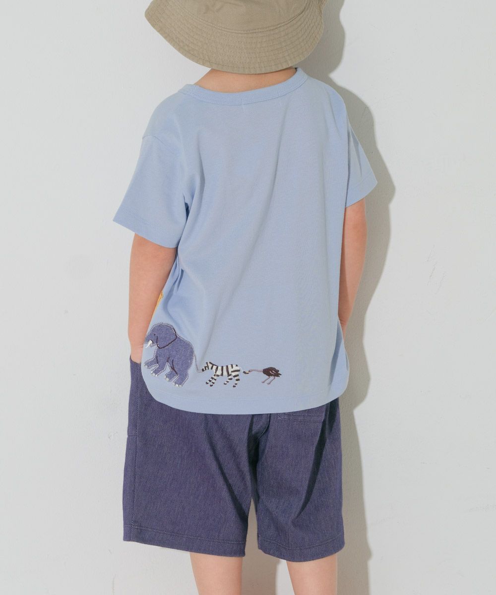 綿100％ ショベルカー＆動物ワッペン ロゴ刺繍 Tシャツ Blue model image whole body