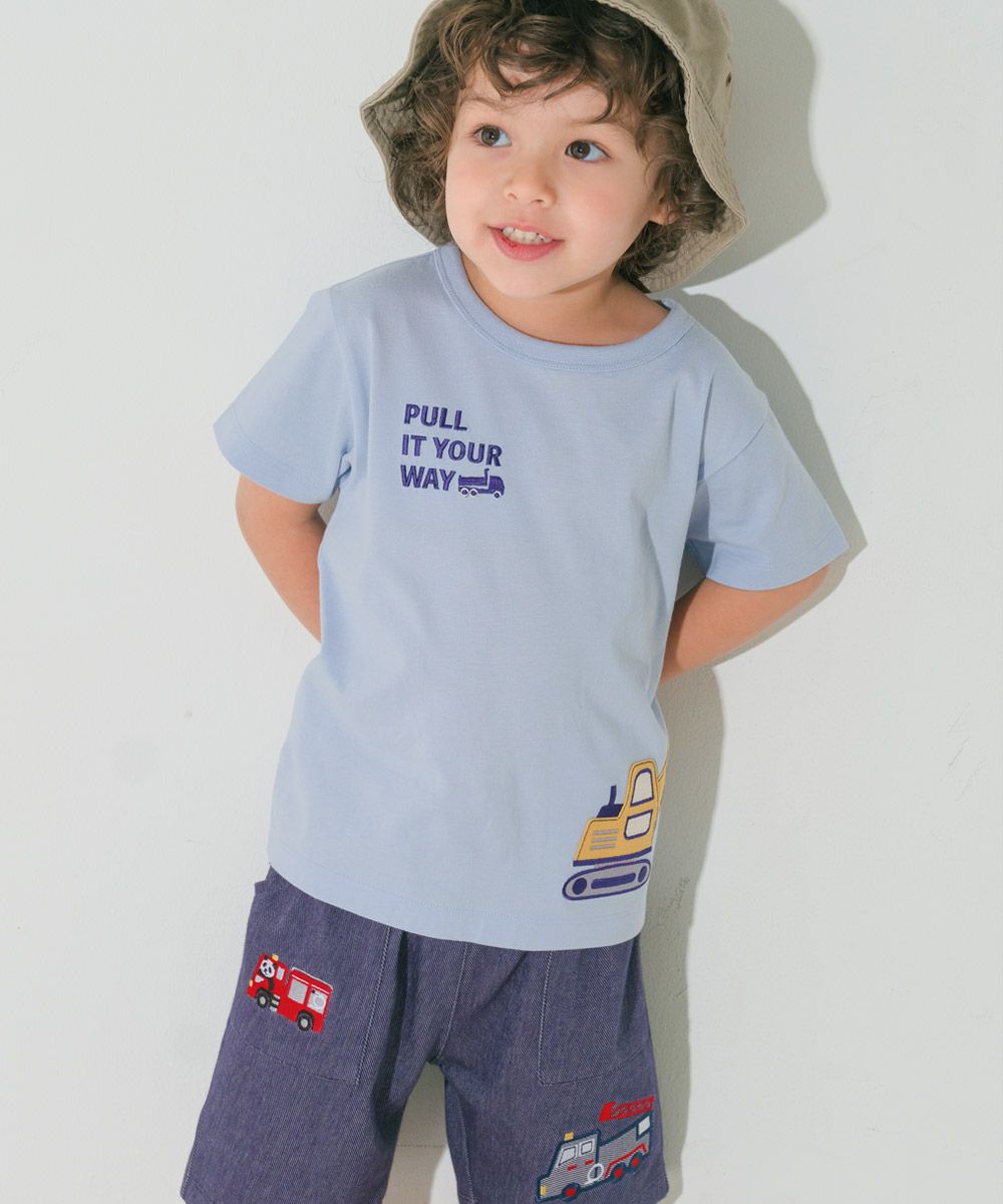 綿100％ ショベルカー＆動物ワッペン ロゴ刺繍 Tシャツ Blue model image 1