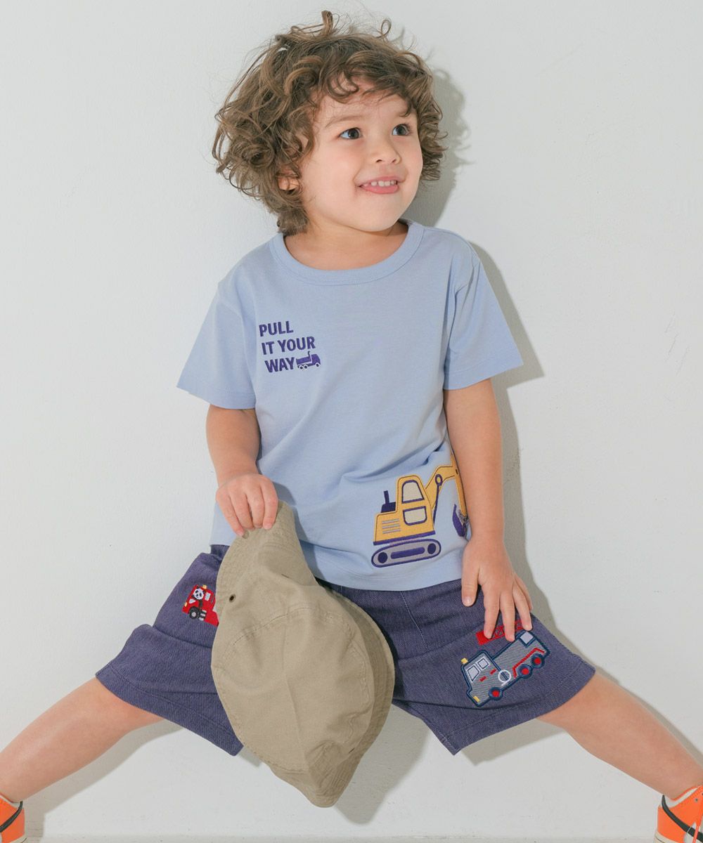 綿100％ ショベルカー＆動物ワッペン ロゴ刺繍 Tシャツ Blue model image 2