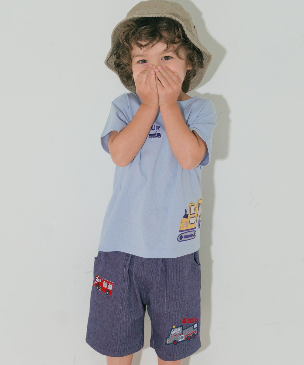 綿100％ ショベルカー＆動物ワッペン ロゴ刺繍 Tシャツ Blue model image 3