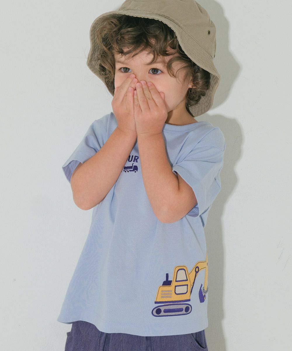 綿100％ ショベルカー＆動物ワッペン ロゴ刺繍 Tシャツ Blue model image 4