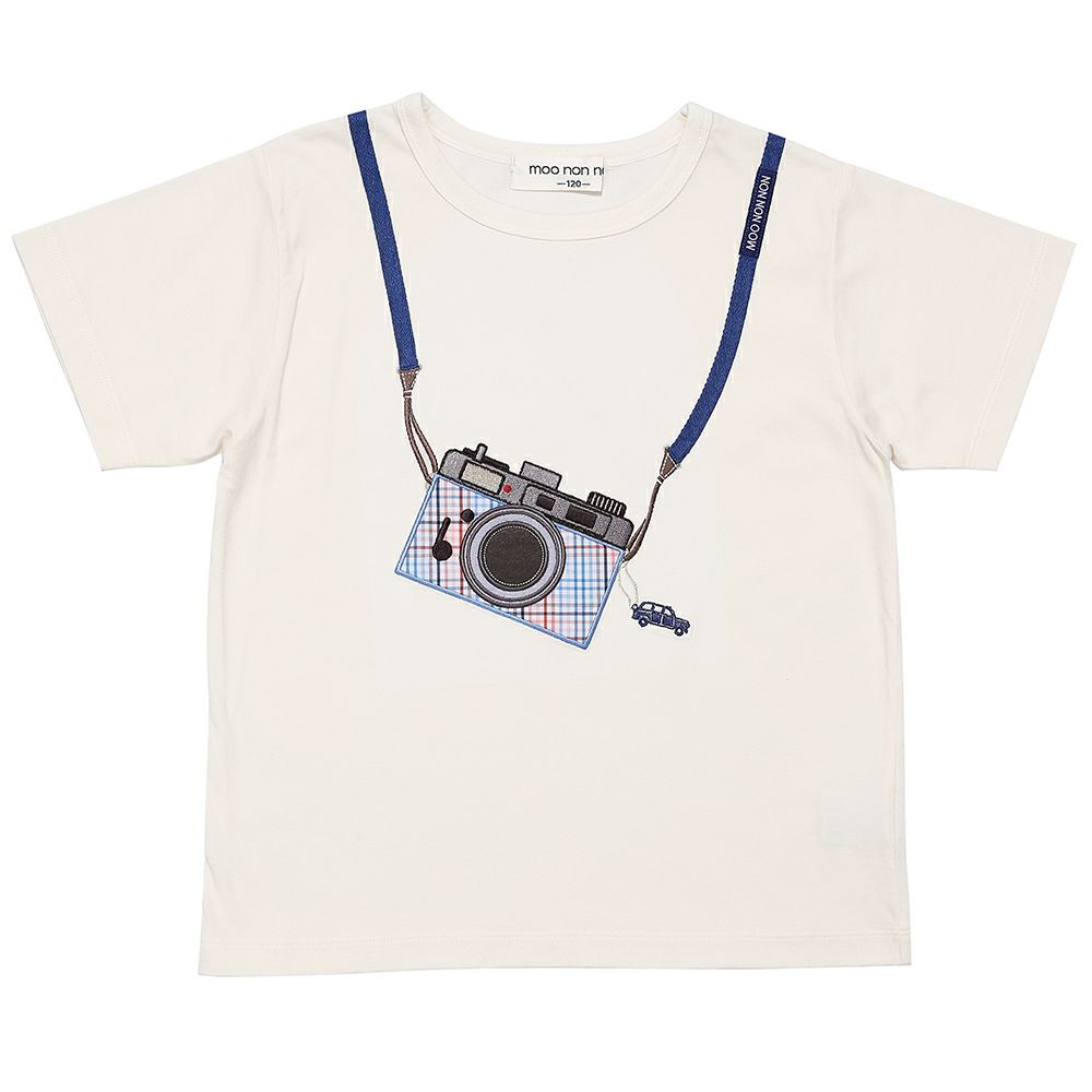 綿100％ チェック柄カメラモチーフ 車刺繍Tシャツ Ivory front
