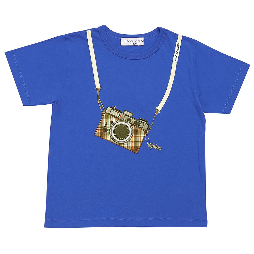 綿100％ チェック柄カメラモチーフ 車刺繍Tシャツ Blue front
