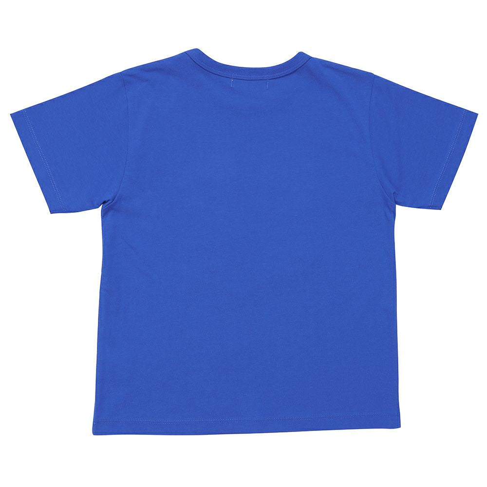 綿100％ チェック柄カメラモチーフ 車刺繍Tシャツ Blue back