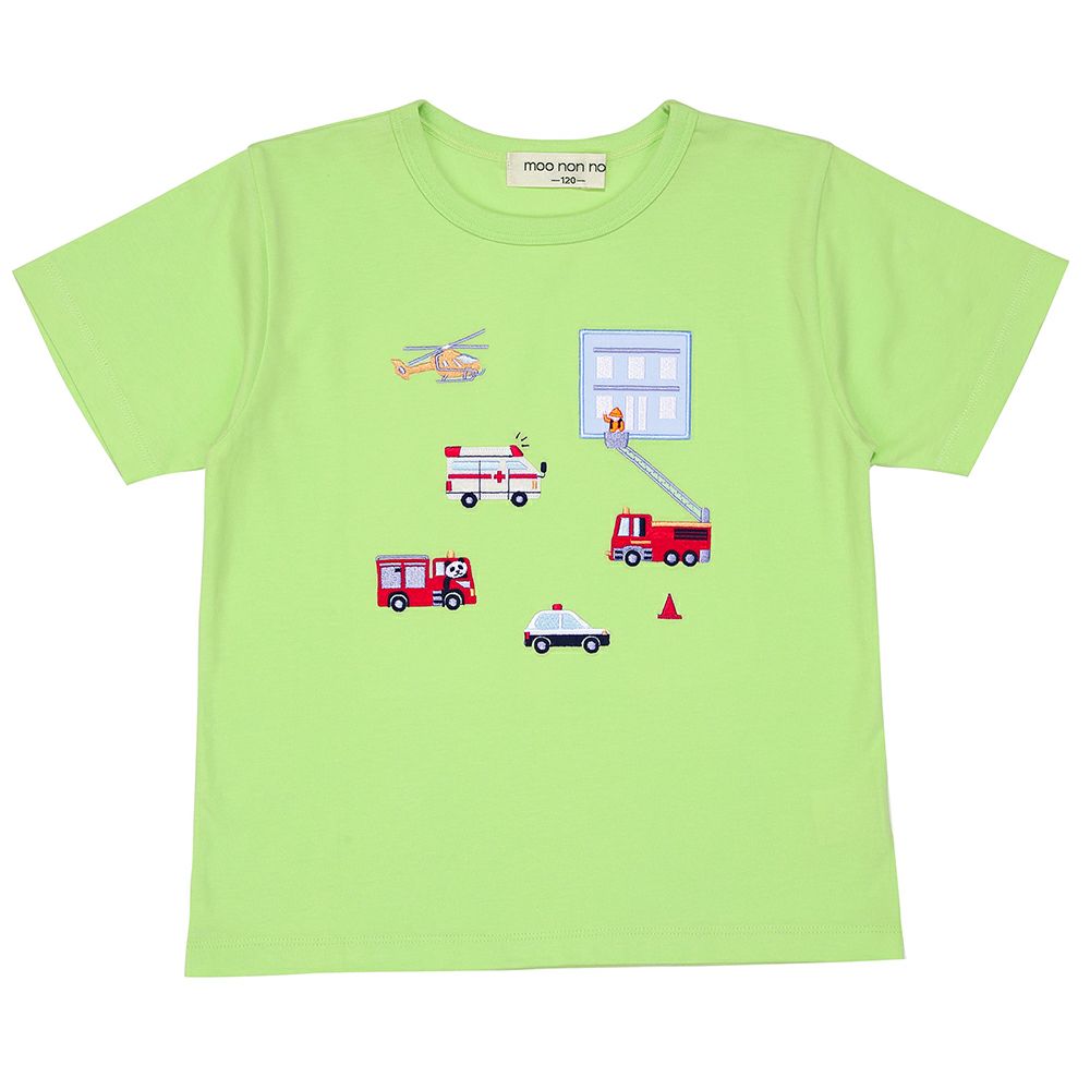 綿100％ はたらく車  レスキュー隊刺繍Tシャツ Green front