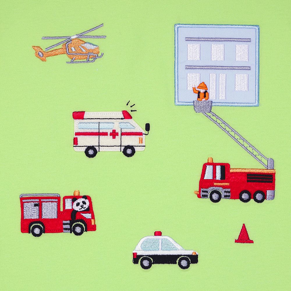 綿100％ はたらく車  レスキュー隊刺繍Tシャツ Green Design point 1