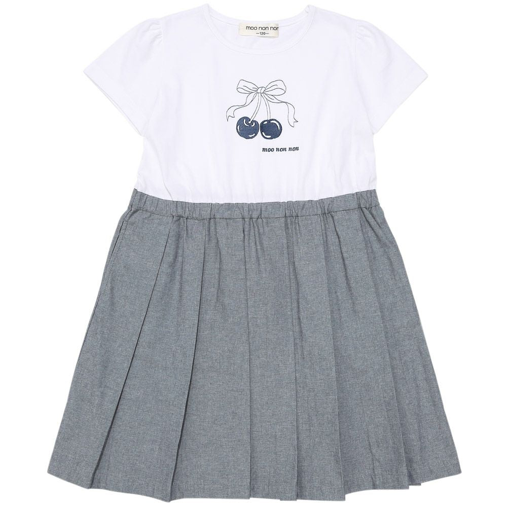 チェリー ロゴ刺繍 プリーツ風ドッキングワンピース Navy front