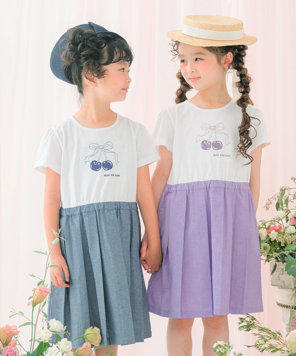 チェリー ロゴ刺繍 プリーツ風ドッキングワンピース Navy model image 1