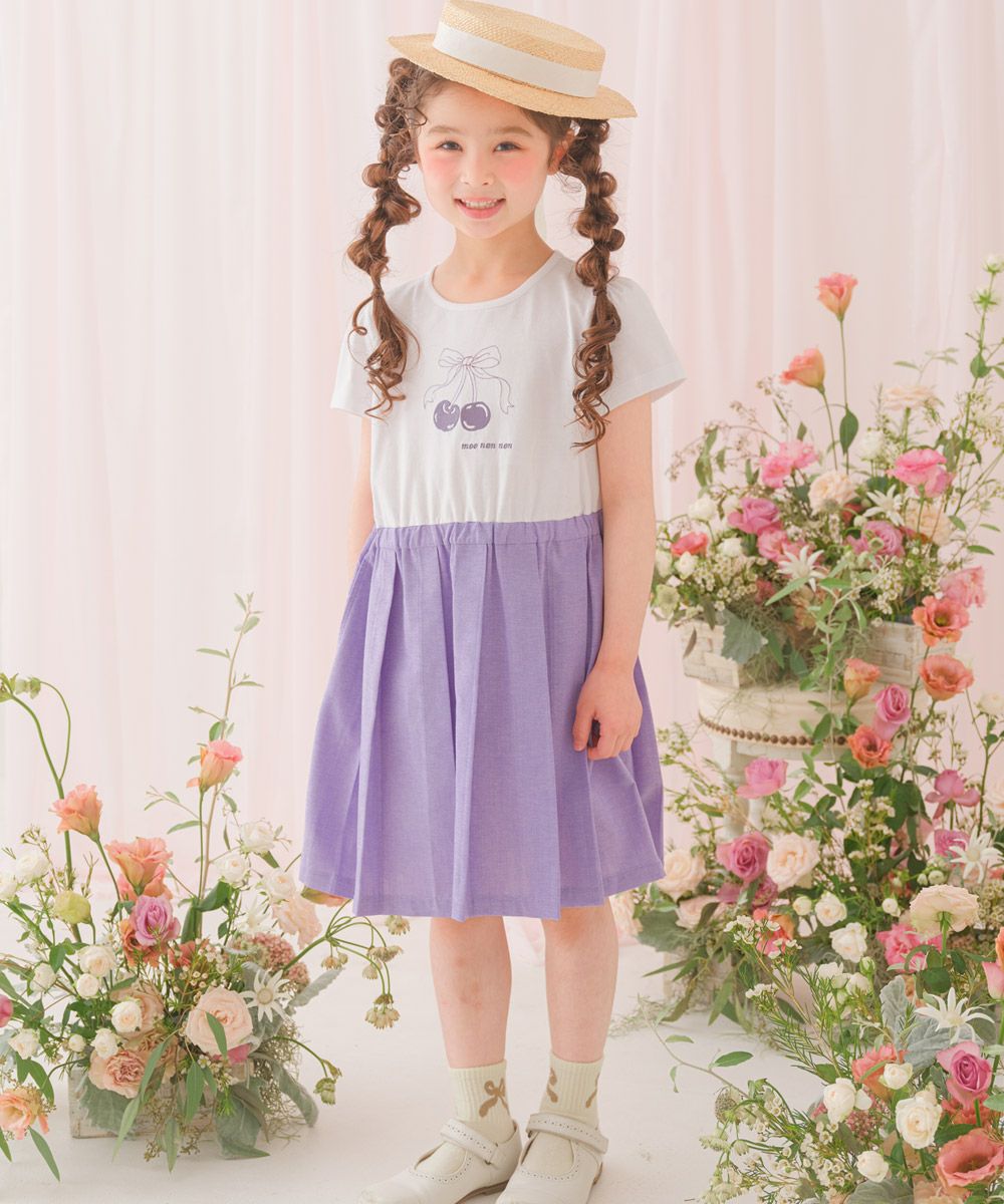 チェリー ロゴ刺繍 プリーツ風ドッキングワンピース Purple model image up