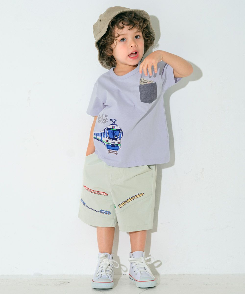 電車 乗り物刺繍 ストレッチハーフパンツ Green model image 1