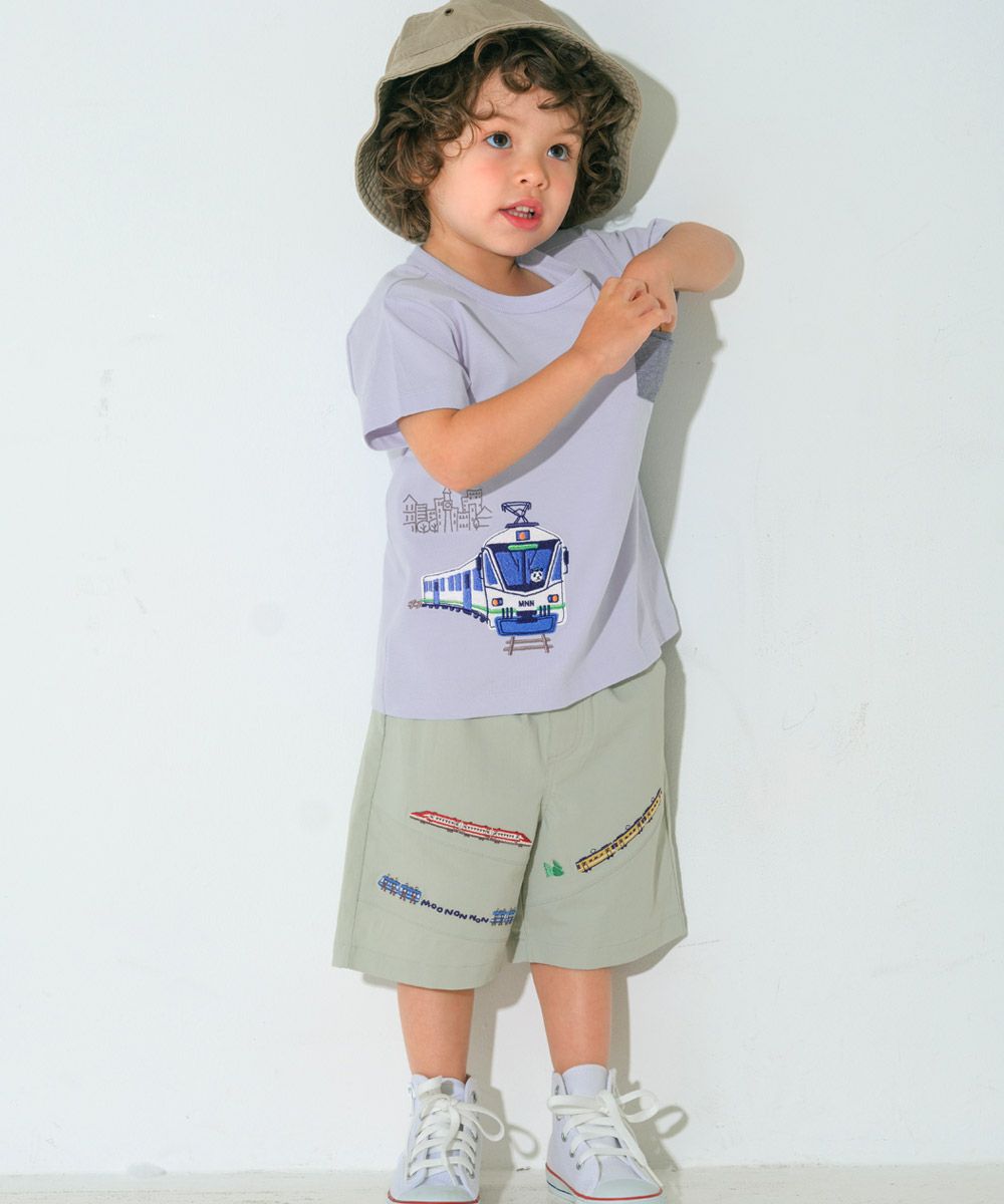 電車 乗り物刺繍 ストレッチハーフパンツ Green model image 2