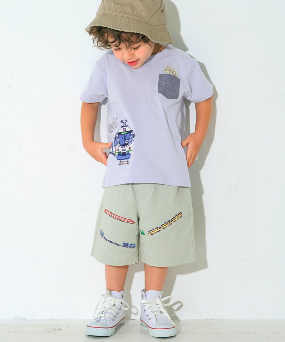 電車 乗り物刺繍 ストレッチハーフパンツ Green model image 3