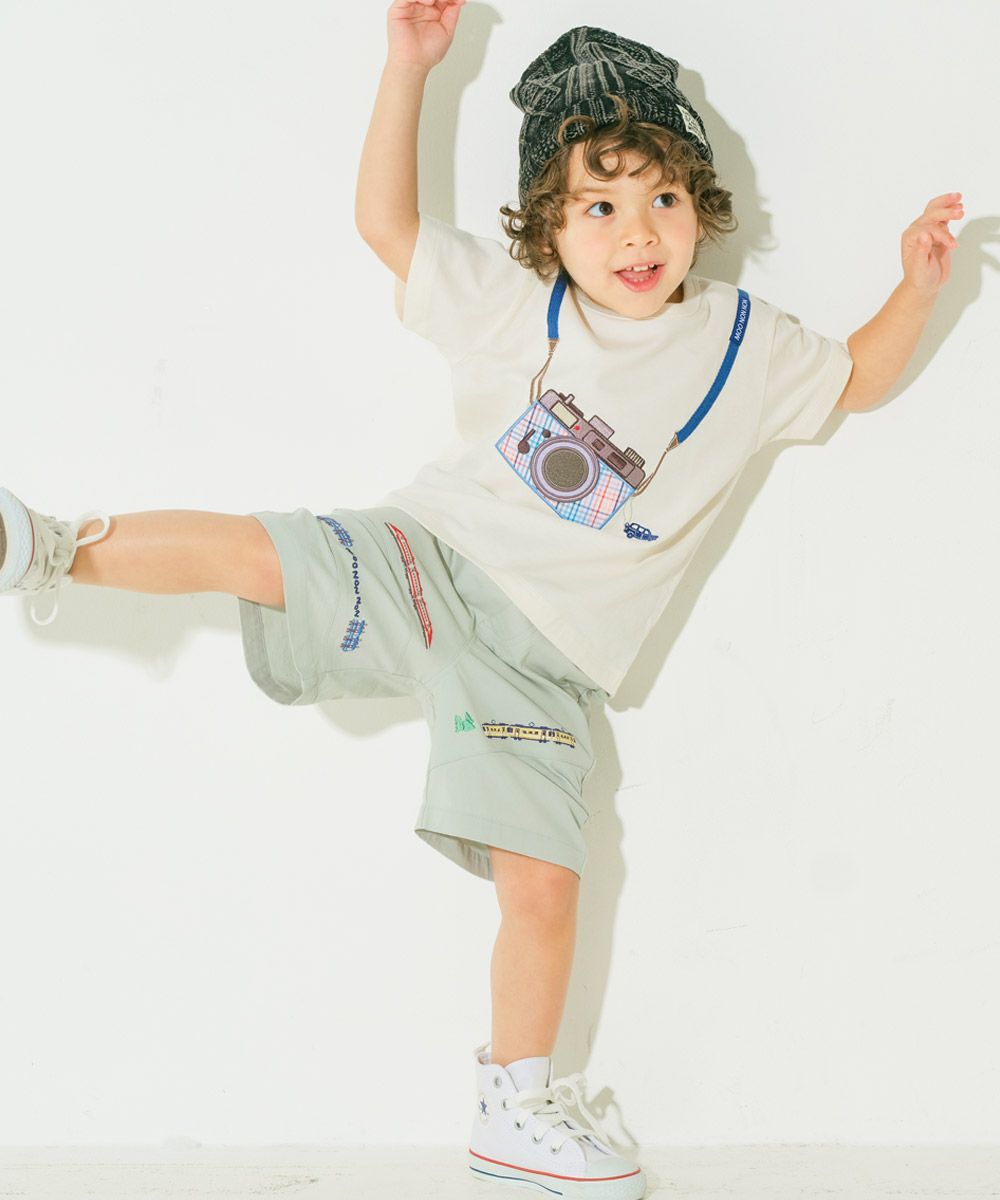 電車 乗り物刺繍 ストレッチハーフパンツ Green model image 4