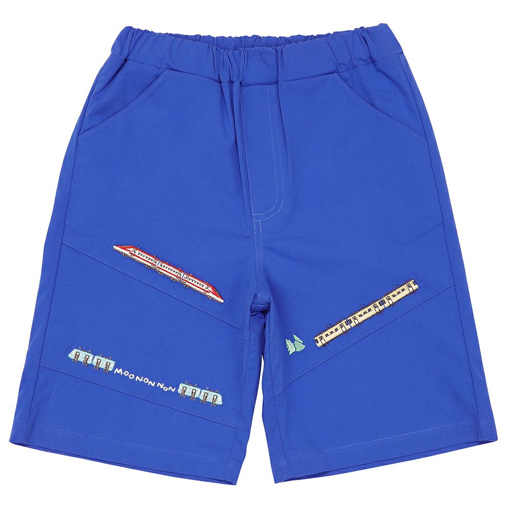 電車 乗り物刺繍 ストレッチハーフパンツ Blue front