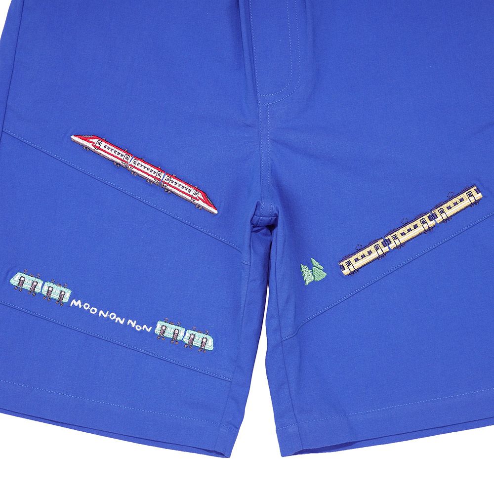 電車 乗り物刺繍 ストレッチハーフパンツ Blue Design point 1