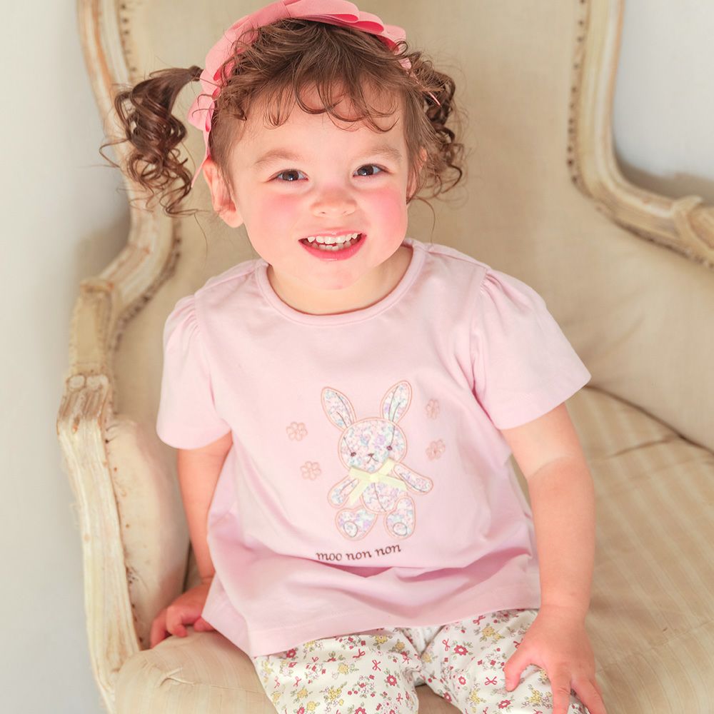 綿100％ 花柄うさぎアップリケ バックリボンつきTシャツ  MainImage