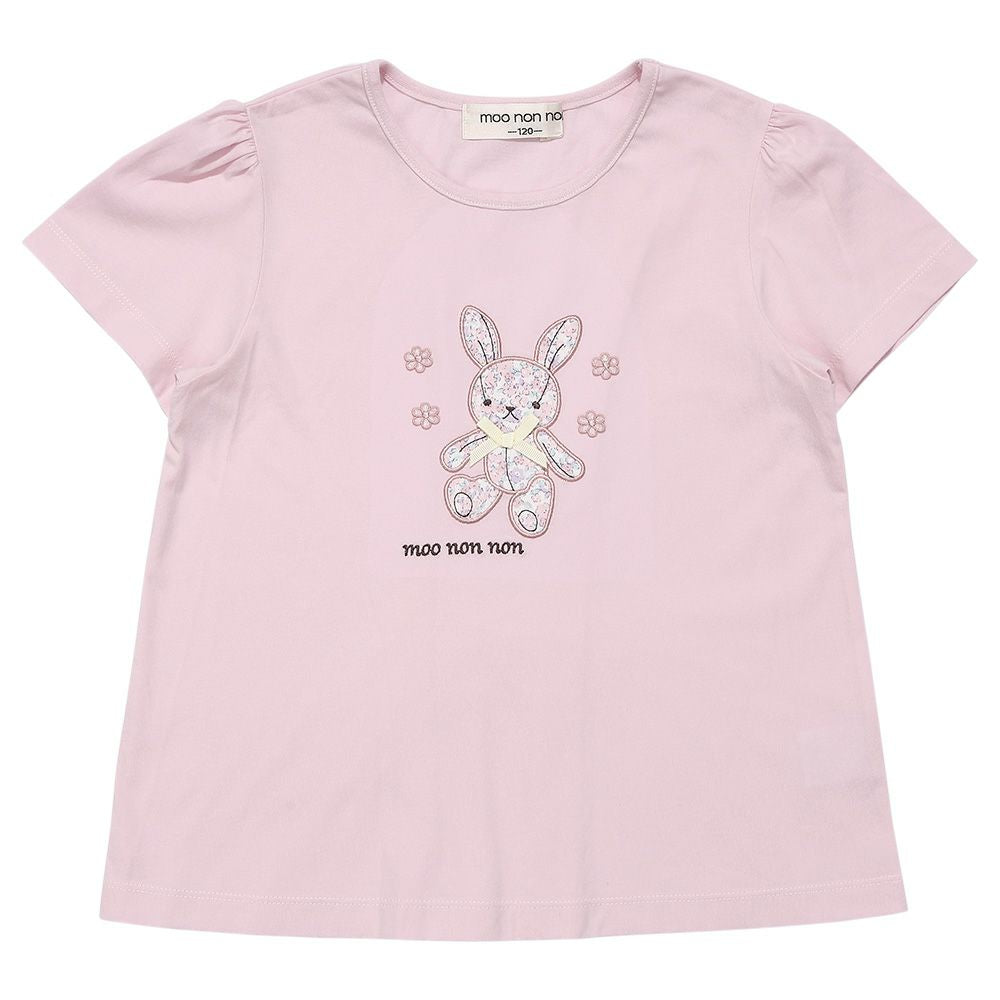 綿100％ 花柄うさぎアップリケ バックリボンつきTシャツ Pink front