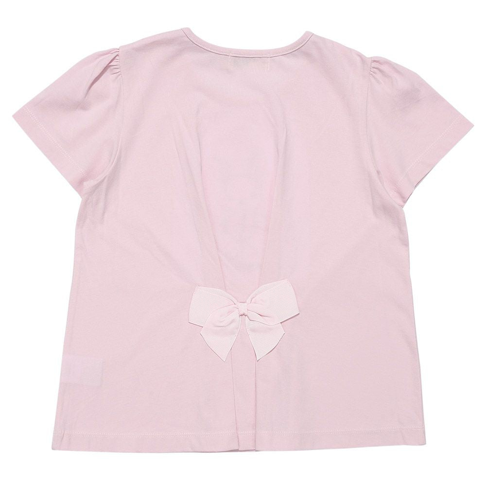 綿100％ 花柄うさぎアップリケ バックリボンつきTシャツ Pink back