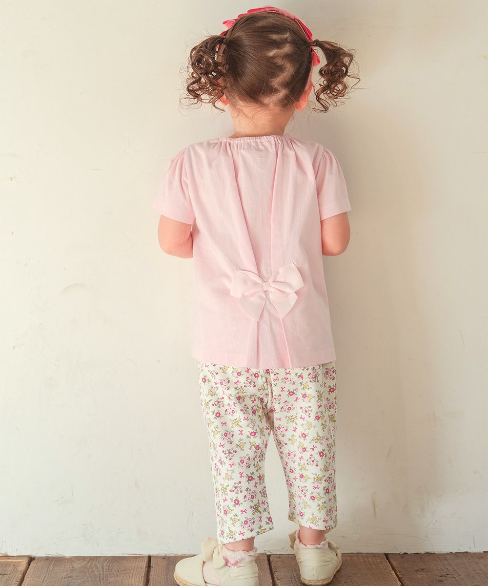 綿100％ 花柄うさぎアップリケ バックリボンつきTシャツ Pink model image 2