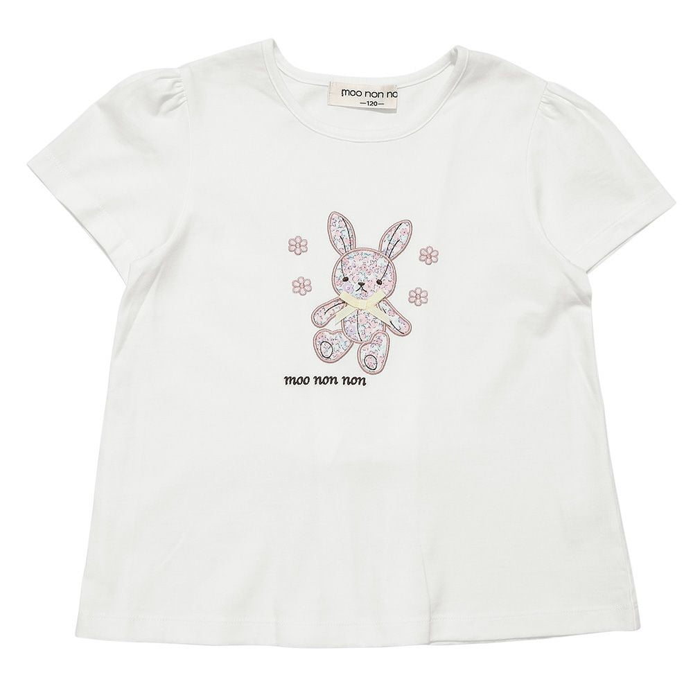 綿100％ 花柄うさぎアップリケ バックリボンつきTシャツ Off White front
