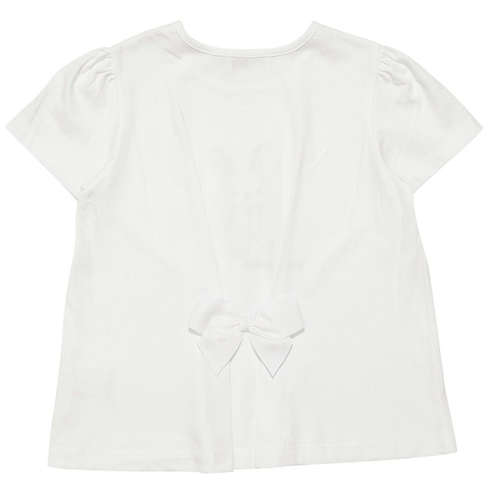綿100％ 花柄うさぎアップリケ バックリボンつきTシャツ Off White back
