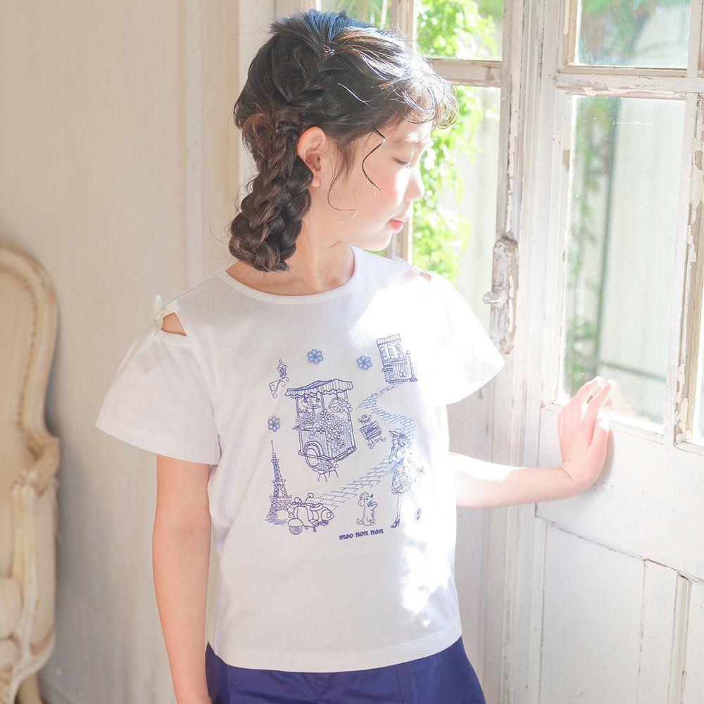 綿100％ パリ風景刺繍 お花モチーフ肩あきTシャツ  MainImage