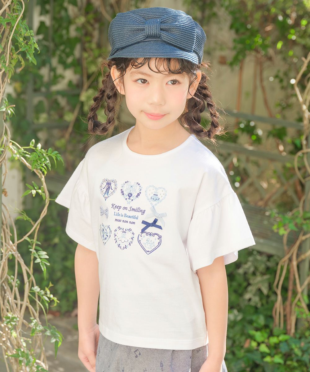 綿100％ ロゴハートお花刺繍 リボンTシャツ Off White model image up