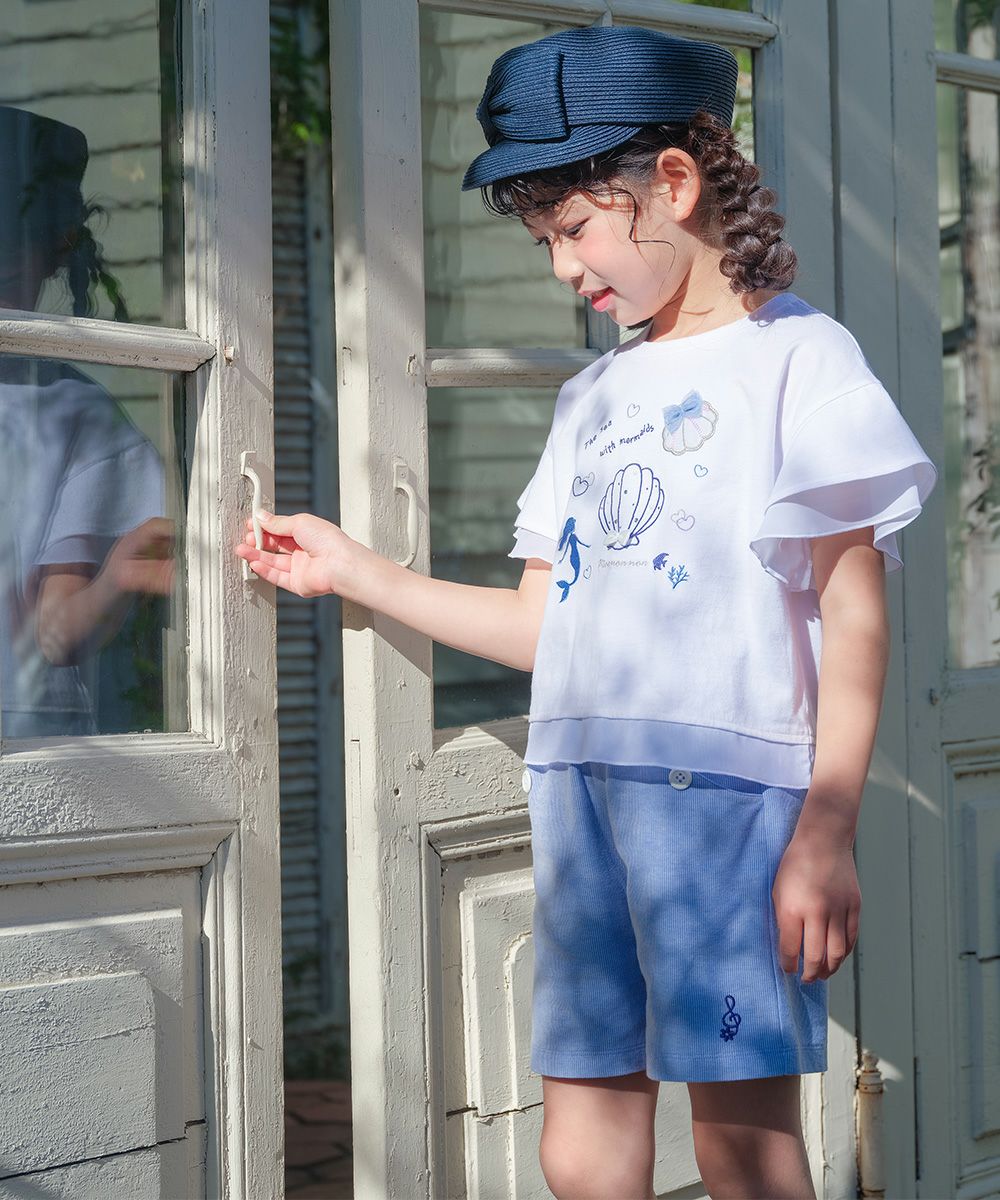 ストライプ柄 音符刺繍 ショートパンツ風キュロットパンツ Blue model image up