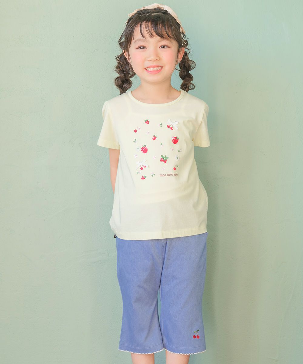 デニムツイルニット チェリー刺繍 ブーツカットパンツ Blue model image up