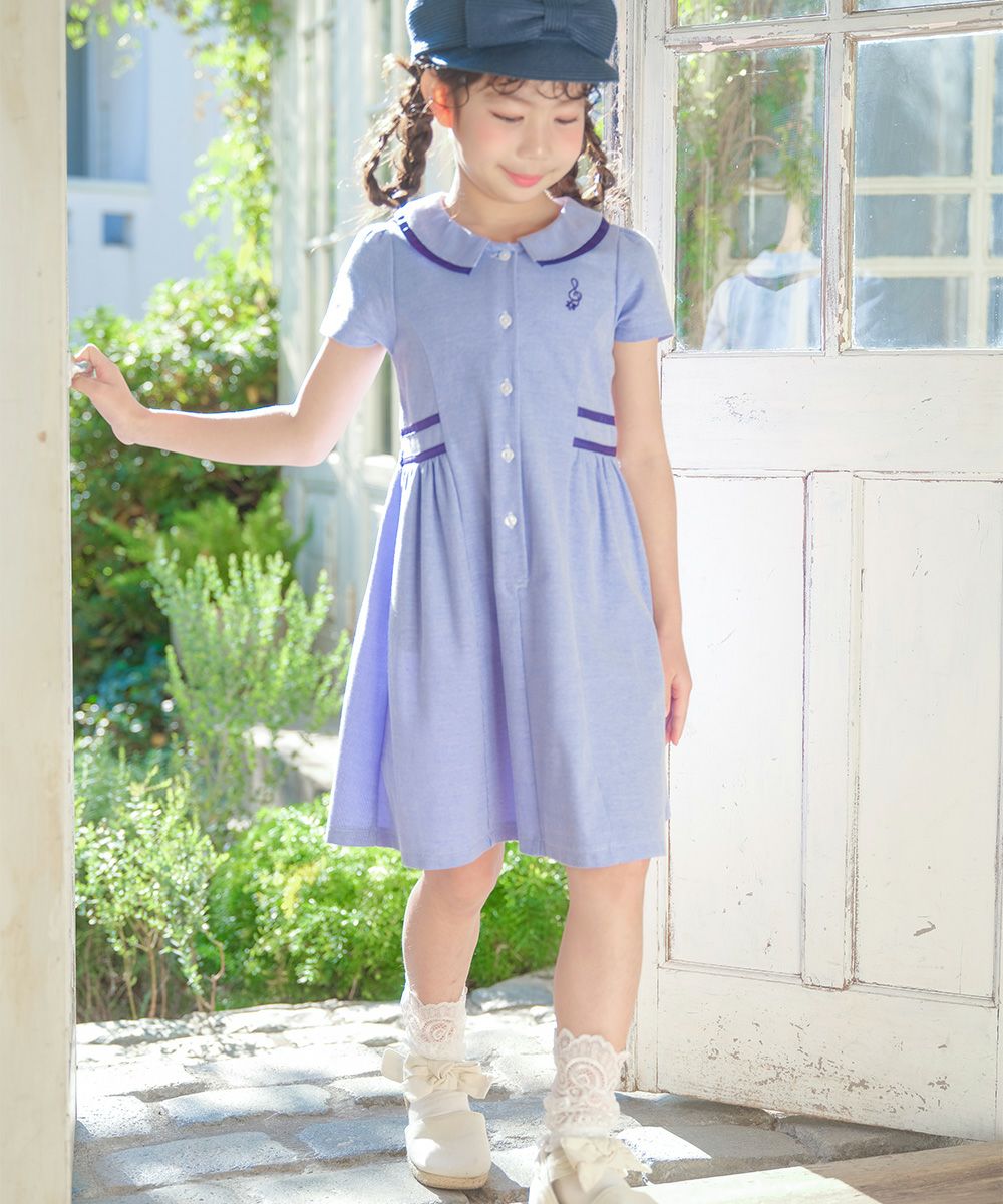 ストライプ柄 襟付き ギャザーワンピース Blue model image whole body