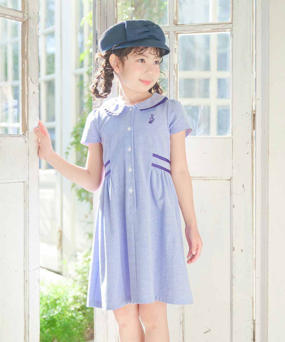 ストライプ柄 襟付き ギャザーワンピース Blue model image 1