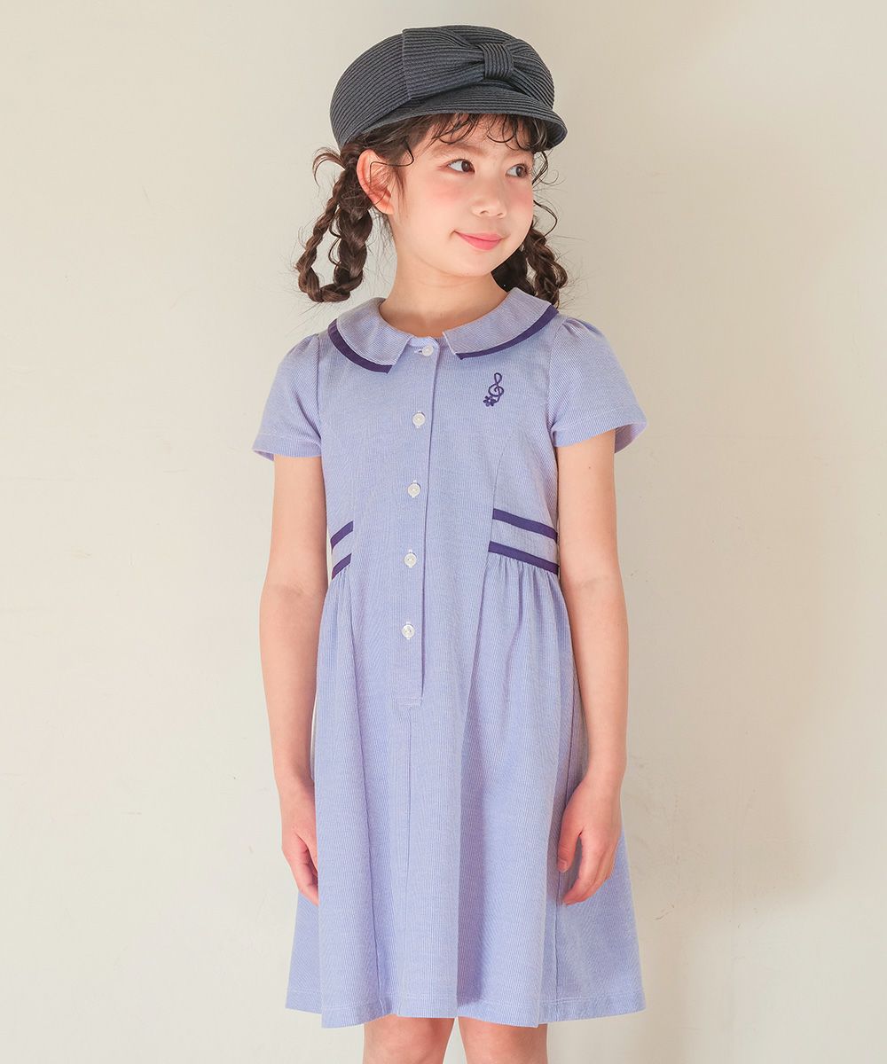 ストライプ柄 襟付き ギャザーワンピース Blue model image 2