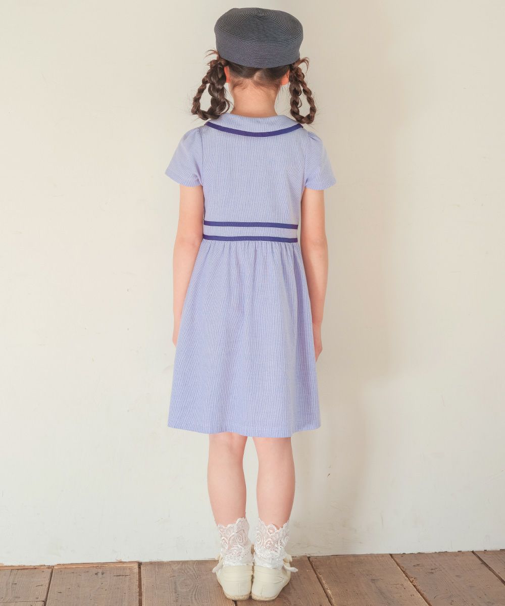 ストライプ柄 襟付き ギャザーワンピース Blue model image 3