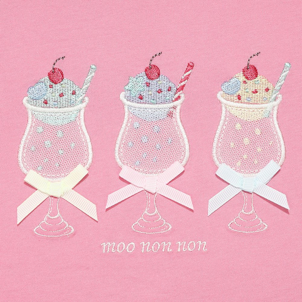 綿100％ クリームソーダ刺繍Tシャツ Pink Design point 1