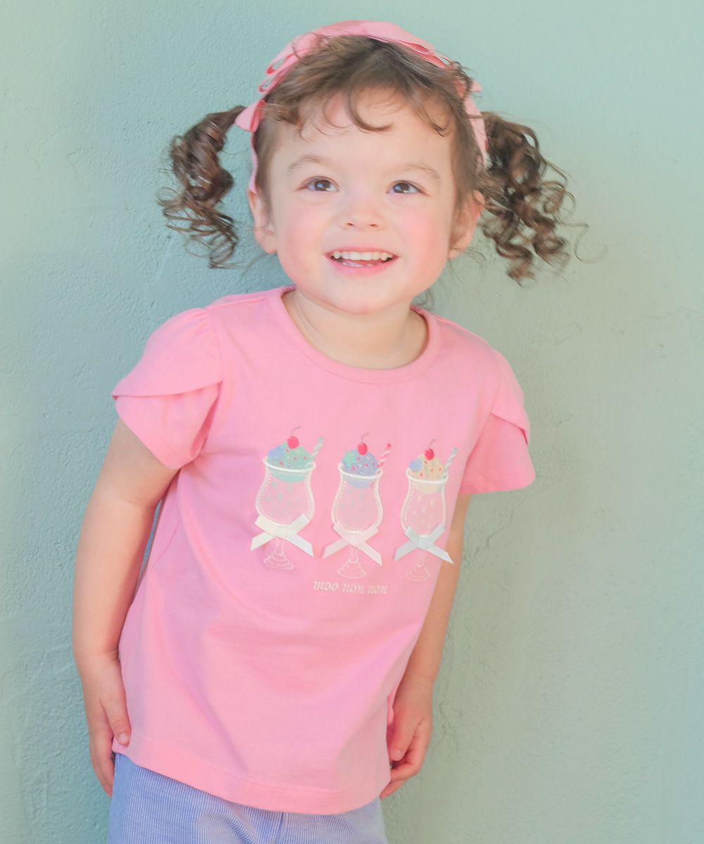 綿100％ クリームソーダ刺繍Tシャツ Pink model image up