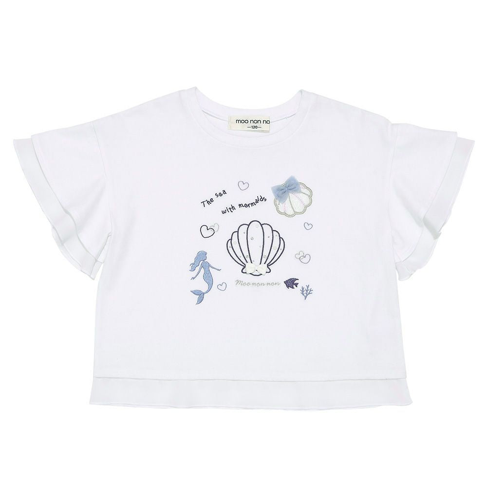 貝殻＆マーメイド刺繍 シフォン切り替えショート丈Tシャツ Off White front