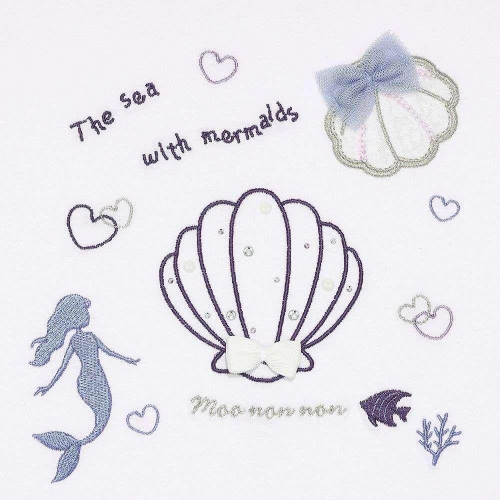 貝殻＆マーメイド刺繍 シフォン切り替えショート丈Tシャツ Off White Design point 1