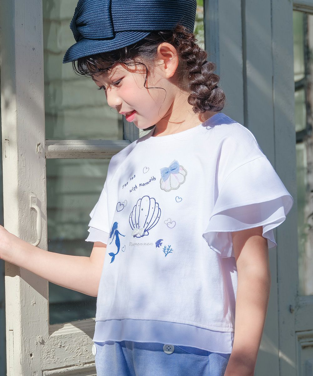 貝殻＆マーメイド刺繍 シフォン切り替えショート丈Tシャツ Off White model image up