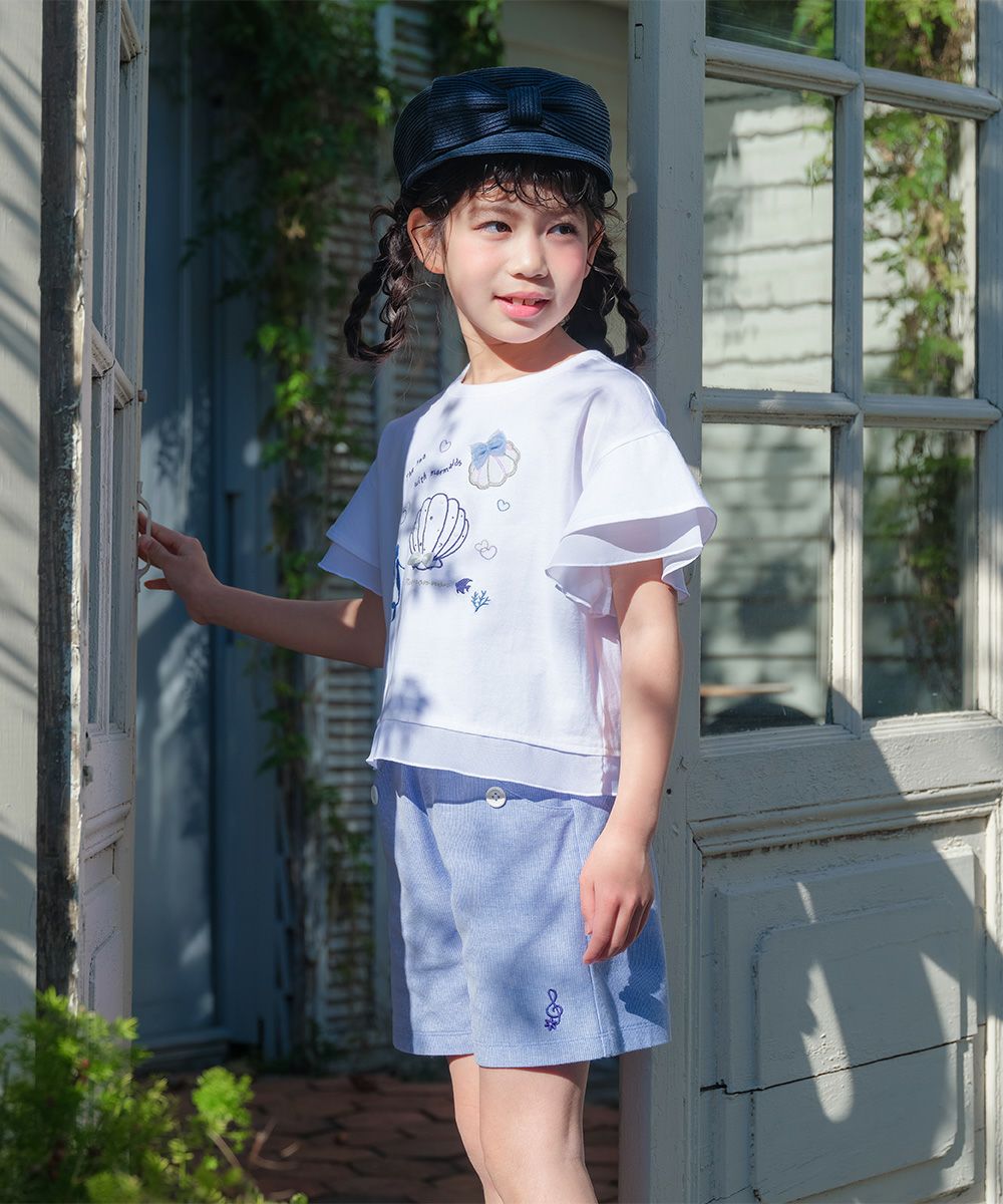 貝殻＆マーメイド刺繍 シフォン切り替えショート丈Tシャツ Off White model image whole body