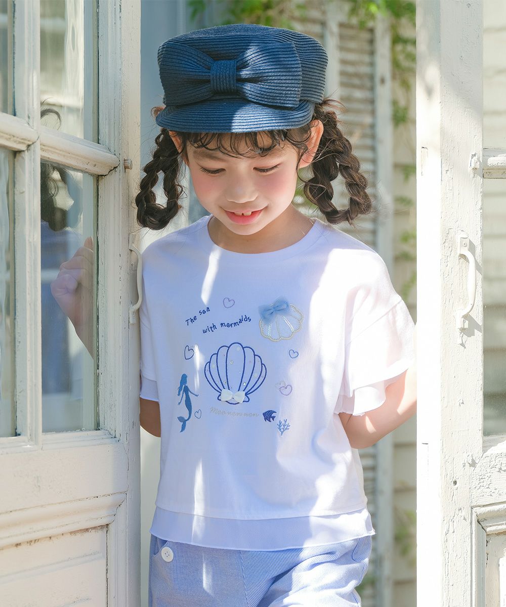 貝殻＆マーメイド刺繍 シフォン切り替えショート丈Tシャツ Off White model image 1