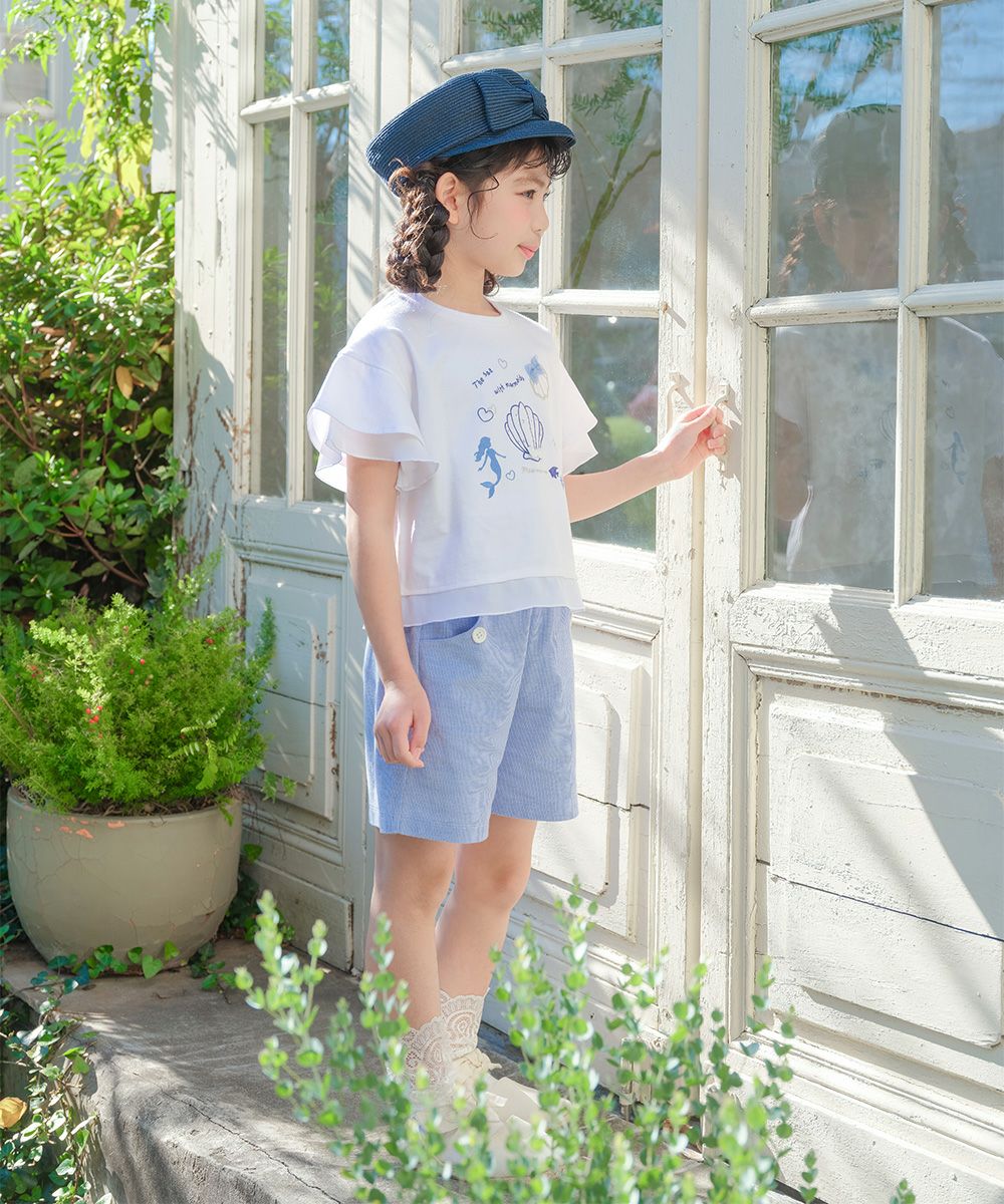 貝殻＆マーメイド刺繍 シフォン切り替えショート丈Tシャツ Off White model image 2