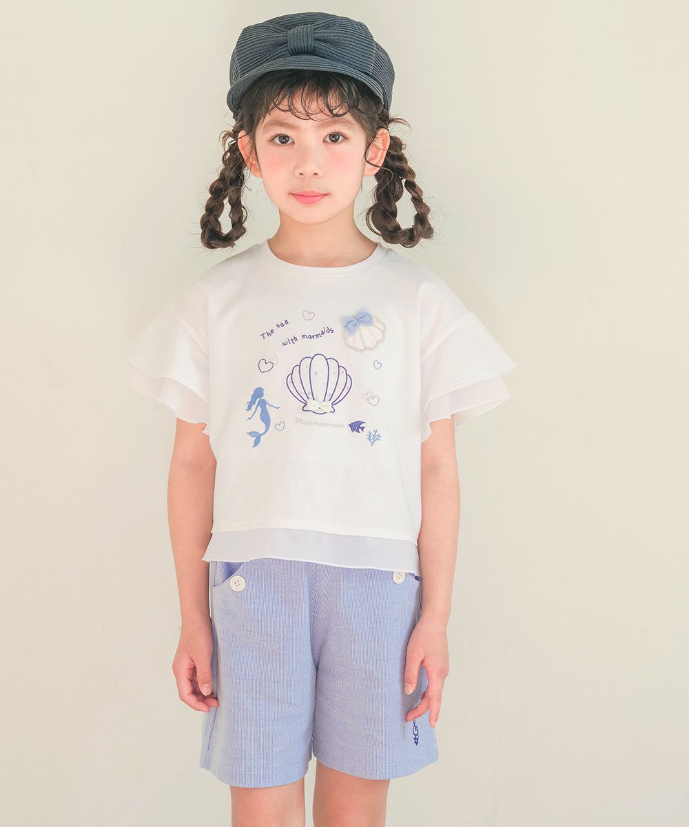 貝殻＆マーメイド刺繍 シフォン切り替えショート丈Tシャツ Off White model image 3