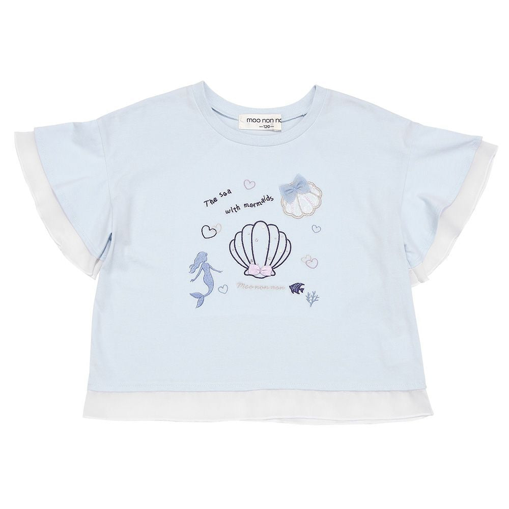 貝殻＆マーメイド刺繍 シフォン切り替えショート丈Tシャツ Blue front